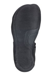 Semelle de chaussure noire avec surface texturée, forme courbée et accent latéral. Présente un bord lisse et un design ergonomique pour le confort.