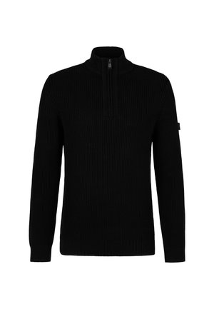 Schwarzer, gerippter Pullover mit einem Viertelreißverschluss-Kragen, langen Ärmeln und einfarbigem Design. Die strukturierte Stoffqualität betont das Design. Minimalistischer Stil.