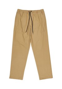 Pantalones ligeros de color beige, hechos de una tela suave, que cuentan con una cinturilla elástica con cordones negros, dos bolsillos frontales y un corte relajado.