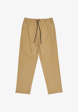 Tan lightweight pants made of soft fabric, featuring an elastic waistband with black drawstrings, two front pockets, and a relaxed fit.