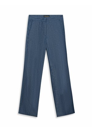 Pantaloni da uomo in lino blu a gamba dritta con tasche laterali e etichetta in vita, stesi su sfondo bianco.