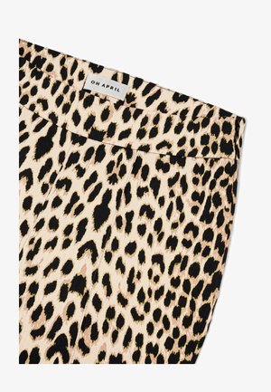 Leopardenmusterstoff mit einer beige- und schwarzfarbigen Palette. Besitzt eine glatte Textur und einen geraden Taillenbund mit dem Aufdruck "OH APRIL."