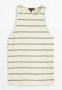 Débardeur sans manches crème avec de fines rayures horizontales noires uniformément espacées sur le tissu.