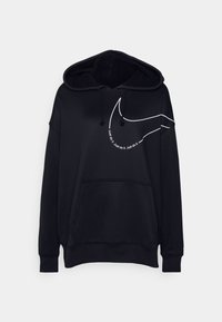 Sudadera con capucha negra de tejido suave, que cuenta con un bolsillo frontal y un diseño gráfico de texto blanco y un swoosh en el pecho.