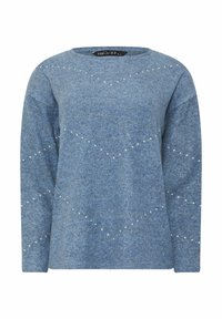 Maglione azzurro a maniche lunghe con scollo rotondo e sottili decorazioni simili a perle che formano motivi a chevron sul davanti e sulle maniche.