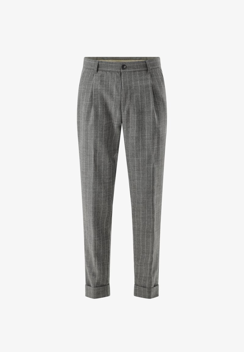Gray striped trousers with a tailored fit, featuring a crease, roll-up cuffs, and a single button closure. Made from a soft fabric.