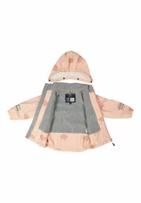 Vattentät jacka med en rosa utsida med molnmönster och grå fleecefoder. Har en avtagbar huva och elastiska manschetter.