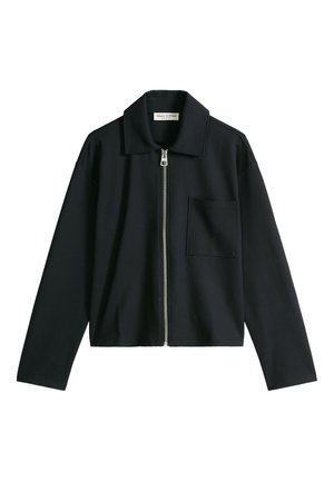 Black long-sleeve jacket with front zipper, collar, and single chest pocket, laid flat on a white background.