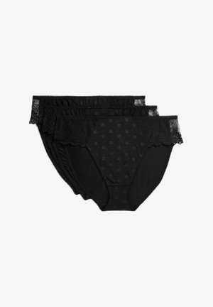 Zwarte vrouwenonderbroeken set van drie, met kantafwerking, bloemenpatroon, een mix van effen en patterned stof, en een zachte textuur.