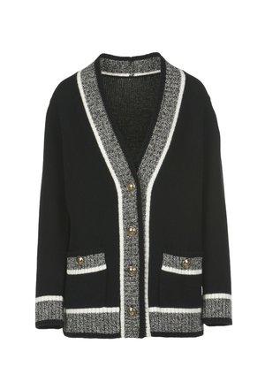 Čierny cardigan s šedým textúrovaným šálovým golierom, bielymi pruhmi a zlatými gombíkmi. Obsahuje dve predné vrecká s podobným vzorovým detailom.