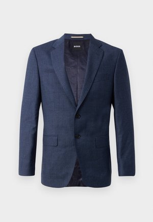 Blazer azul marinho com lapelas em bico, dois bolsos frontais, fecho de botão duplo e um padrão texturizado subtil no interior.