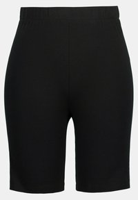 Black cotton shorts with an elastic waistband, featuring a smooth texture and a fitted silhouette, ending just above the knee.