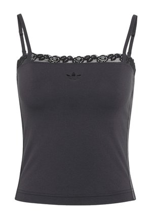 Débardeur noir à fines bretelles spaghetti avec bordure en dentelle au niveau de l'encolure et petit logo Adidas centré sous la dentelle.
