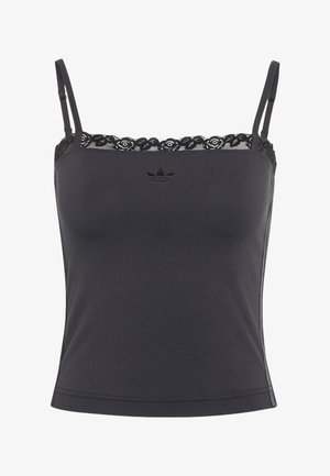 Débardeur noir à fines bretelles spaghetti avec bordure en dentelle au niveau de l'encolure et petit logo Adidas centré sous la dentelle.