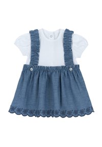 Denim dress with white cotton top, ruffled straps, and gathered skirt. Scalloped hem with floral embroidery detail in navy blue.