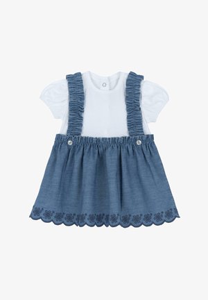 Robe en denim avec un haut en coton blanc, des bretelles froncées et une jupe froncée. Ourlet festonné avec des détails de broderie florale en bleu marine.