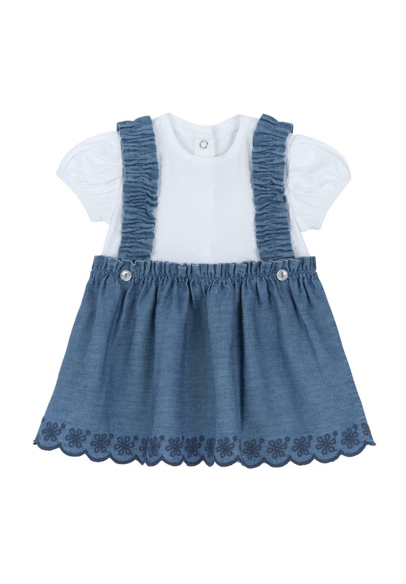 Denim dress with white cotton top, ruffled straps, and gathered skirt. Scalloped hem with floral embroidery detail in navy blue.