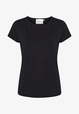 T-shirt noir à manches courtes en coton lisse. Caractéristiques d'un col rond et d'une coupe ajustée. Aucune motif ni détail supplémentaire.