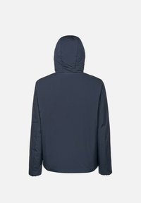 Giacca con cappuccio blu navy dal tessuto liscio, chiusura a zip e vestibilità leggermente affusolata. Presenta dettagli cuciti sulle maniche.