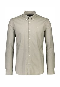 Camicia grigia chiaro con colletto, maniche lunghe e bottoni bianchi. Presenta un logo discreto nella zona sinistra del petto.