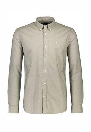 Light grey button-up shirt with a collar, long sleeves, and white buttons. Features a subtle logo on the left chest area.