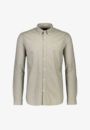 Light grey button-up shirt with a collar, long sleeves, and white buttons. Features a subtle logo on the left chest area.