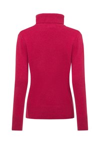Figurbetontes Rollkragensweatshirt in leuchtendem Pink, aus weichem Stoff gefertigt, mit geripptem Kragen und Bündchen, das über eine glatte Textur und lange Ärmel verfügt.