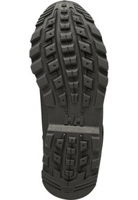 Czarna gumowa podeszwa z głębokim, teksturowanym wzorem bieżnika dla lepszej przyczepności, widocznym logo oraz wielokierunkowymi wypustkami dla stabilności.