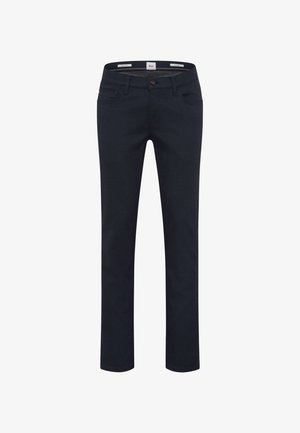 Pantaloni blu navy in cotone, con design slim fit, cinque tasche e chiusura anteriore con bottone. Texture liscia con taglio classico.