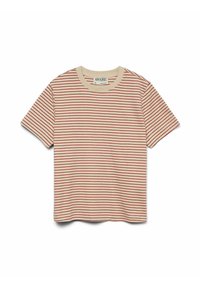 Katoenen T-shirt met een ronde hals, voorzien van horizontale rode en beige strepen, korte mouwen en een losse pasvorm. Inclusief label van het AWARE-merk.