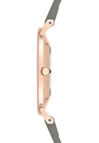 Roségoldener Uhr mit einem schlanken, runden Gehäuse, silbernen Details und einem grauen Lederarmband. Verfügt über eine auffällige Krone und eine glatte Oberfläche.