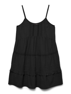 Čierne bezrukávové letné šaty s tenkými ramienkami, viacvrstvovou sukňou, ozdobnými záhybmi a čipkovými detailmi na prednom živote a v oblasti pása.