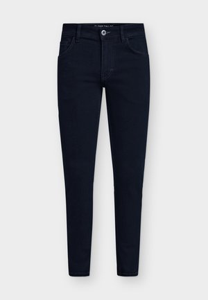 Donkerblauwe, slim-fit jeans met vijf zakken, een knoopsluiting en een stevige denimstof. Heeft een klassiek ontwerp en minimale stiksels.