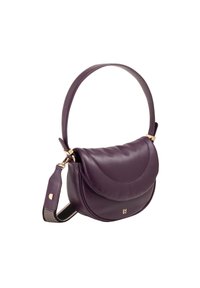 Purple leather handbag with a curved flap, gold hardware, and an adjustable strap featuring a striped detail. Smooth texture, structured shape.