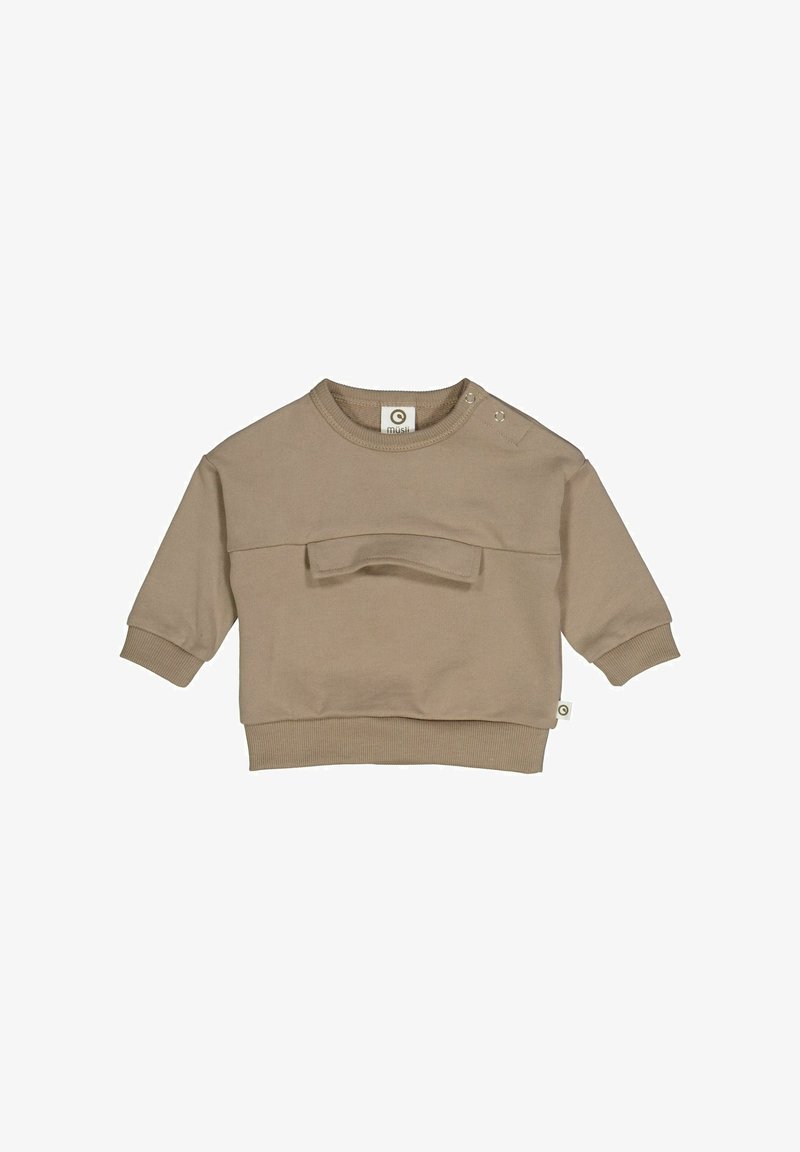 Beige bavlněná mikina s detaily přední kapsy, kulatým výstřihem, žebrovanými manžetami a lemem. Praktické patenty na rameni pro snadné oblékání.