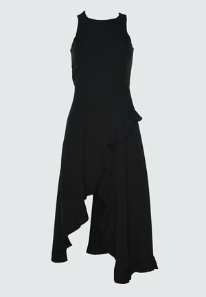 Zwarte mouwloze jurk met een aansluitende bovenkant en een vloeiende asymmetrische zoom met ruffles aan één kant. Gemaakt van een gladde stof.