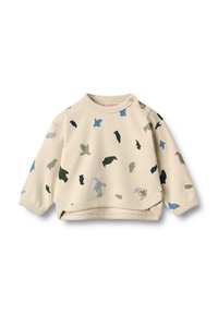 Beige bomulds sweatshirt med lange ærmer, uregelmæssige farverige dyreprint i blå, grøn og sort, samt en rund hals med trykknapper.