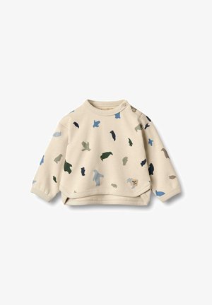 Beežist puuvillane sweatshirts pikkade varrukatega, ebaühtlased värvilised loomamustrid sinises, rohelises ja mustas ning ümmargune kaelus, millel on nupukesed.