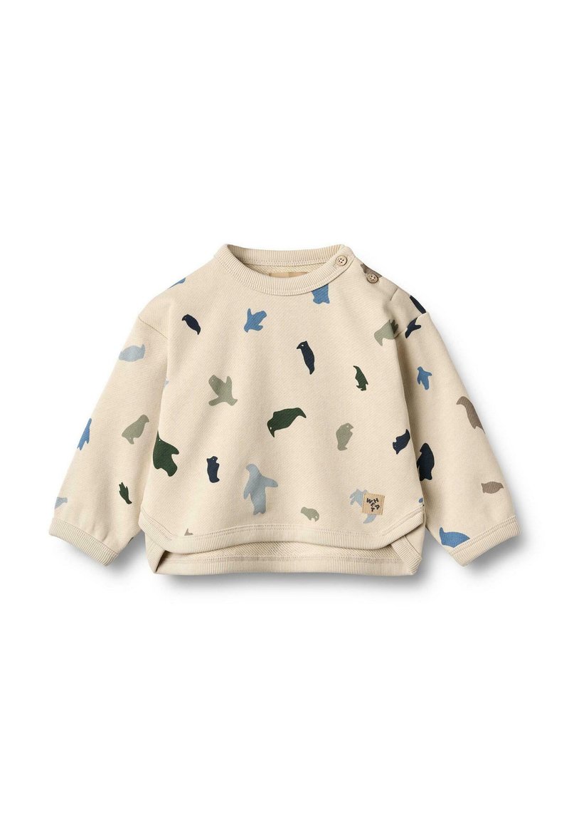 Beige bomulds sweatshirt med lange ærmer, uregelmæssige farverige dyreprint i blå, grøn og sort, samt en rund hals med trykknapper.