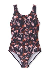Badedragt i mørkeblå stof med pink palme-mønster. Har en scoop-neck og brede stropper. Glat tekstur, velegnet til vandaktiviteter.