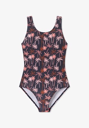 Badpak in donkerblauwe stof met een roze palmboomprint. Heeft een ronde halslijn en brede schouderbanden. Glad materiaal, geschikt voor wateractiviteiten.