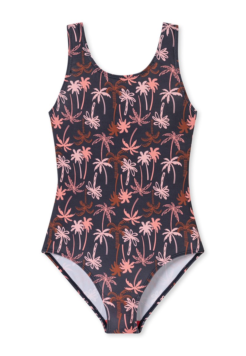 Badedragt i mørkeblå stof med pink palme-mønster. Har en scoop-neck og brede stropper. Glat tekstur, velegnet til vandaktiviteter.