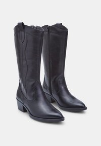 Botas de cowboy de cuero negro con punteras puntiagudas, detalles de costura vertical y una cremallera lateral para fácil colocación. Tacones bajos y robustos.