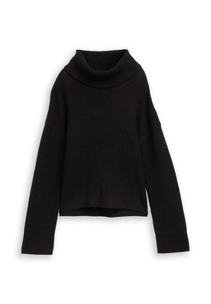 Pull en laine noir à col roulé avec une coupe décontractée, présentant un col haut et des manches larges. Texture douce, longueur cropped.