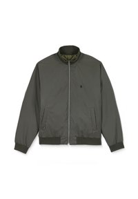 Veste zippée vert foncé avec poignets, col et ourlet côtelés, avec deux poches latérales et un petit logo brodé sur la poitrine.
