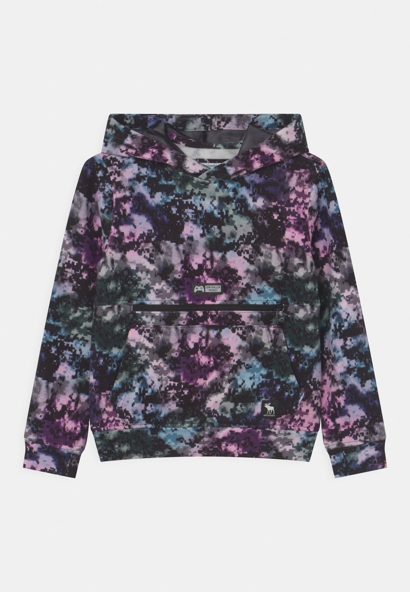 Hoodie in een multicolor camouflagepatroon met paars, blauw, zwart en groen. Inclusief een voorzak en logodetail.