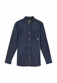 Chemise en denim bleu foncé à manches longues avec devant boutonné, col pointu, poche poitrine simple et détails de couture subtils. Texture lisse.