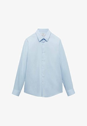 Lichtblauw langemouwshirt van gladde stof. Heeft een klassieke kraag, knoopsluiting en rechte zoom. Geen patronen of accenten.