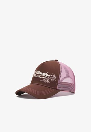 Ed Hardy, UNISEX SKULL AND ROSES 5 PANEL TRUCKER CAP - Pet - brown