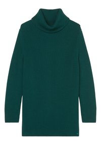 Türkiser übergroßer Rollkragenpullover mit Rippstrickstruktur und langen Ärmeln, seitlichen Schlitzen und einem kleinen Markenakzent am Saum.